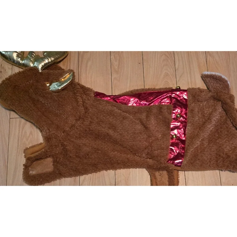 Dog Fleece Reindeer Costume Hooded Jumpsuit Outfit with Antlers Large Breed‎